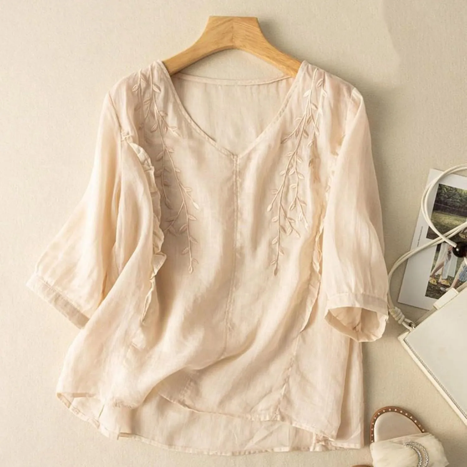 GOKKILRW Womens Floral Embroidered Tops Cotton Linen Shirts Boho Ethnic Style Peasant Blouses 3/4 Sleeve V Neck Gauze Tshirts
