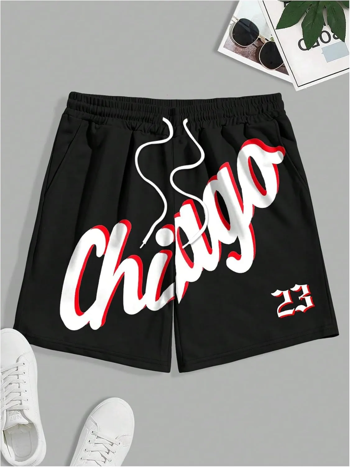 GORGLITTER Men's Letter Graphic Basketball Shorts Drawstring Waist Cool Shorts