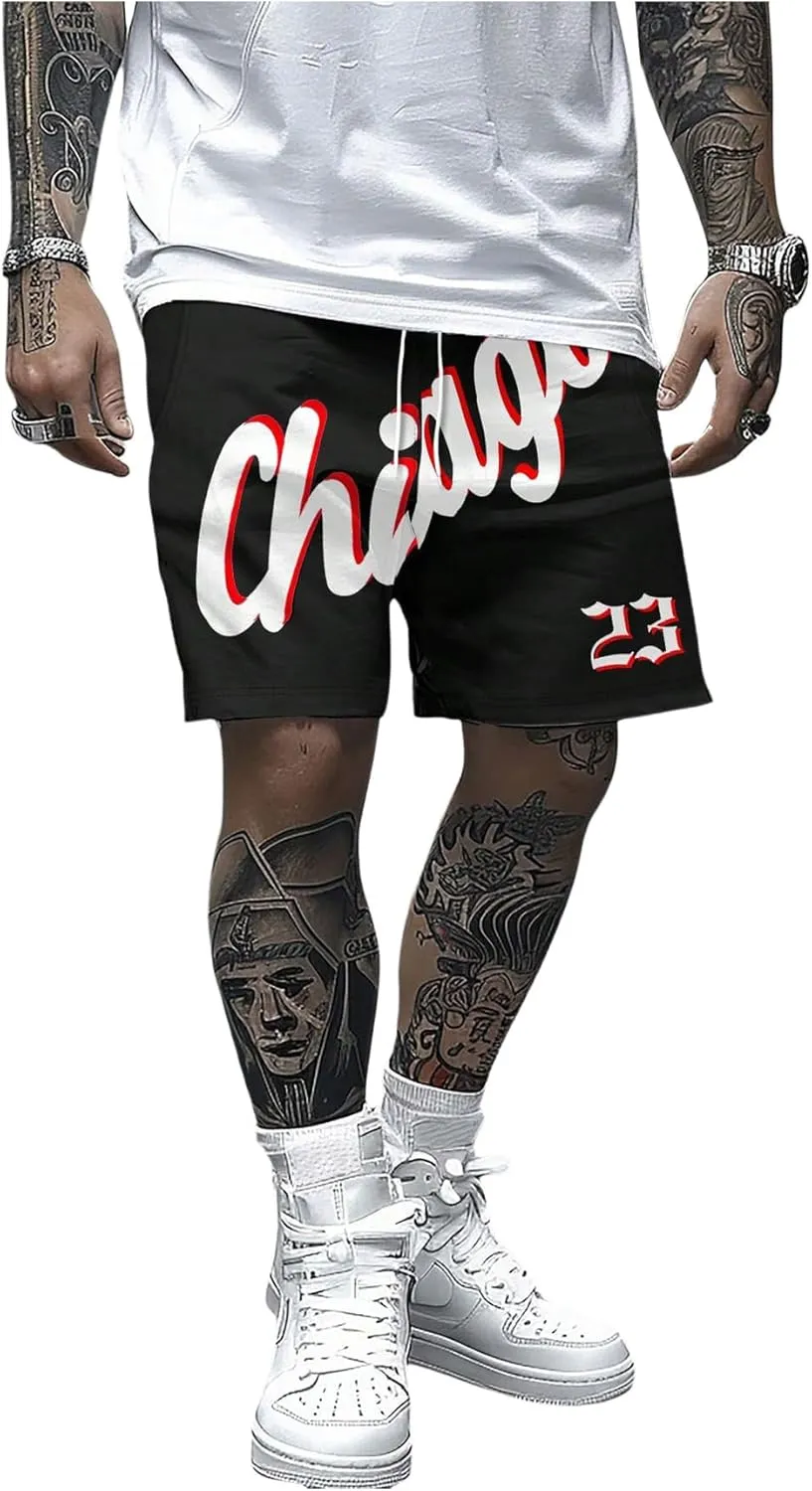 GORGLITTER Men's Letter Graphic Basketball Shorts Drawstring Waist Cool Shorts
