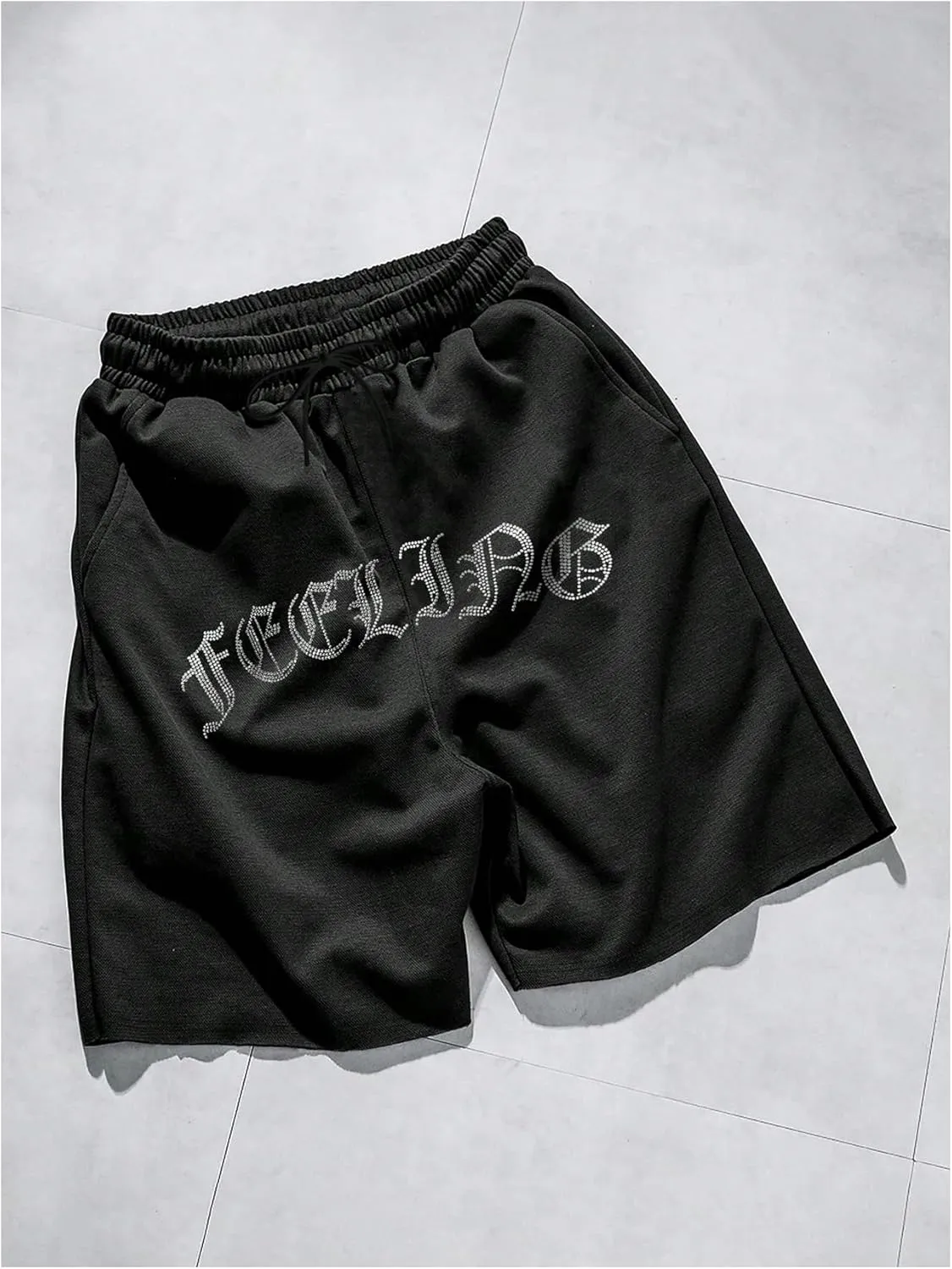 GORGLITTER Men's Letter Graphic Shorts Rhinestone Drawstring Waist Basketball Shorts