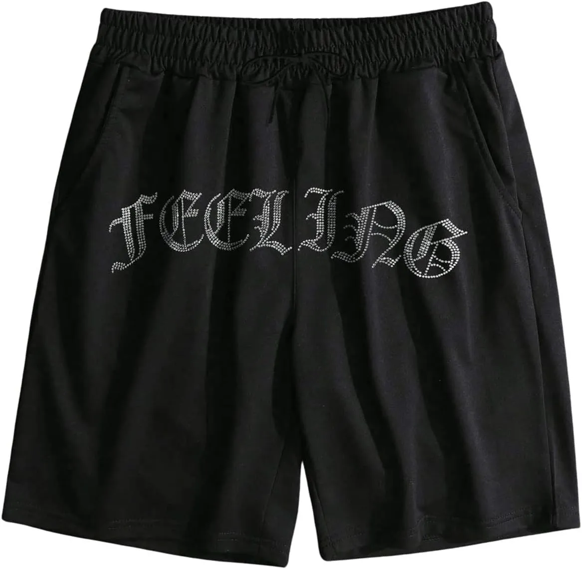 GORGLITTER Men's Letter Graphic Shorts Rhinestone Drawstring Waist Basketball Shorts