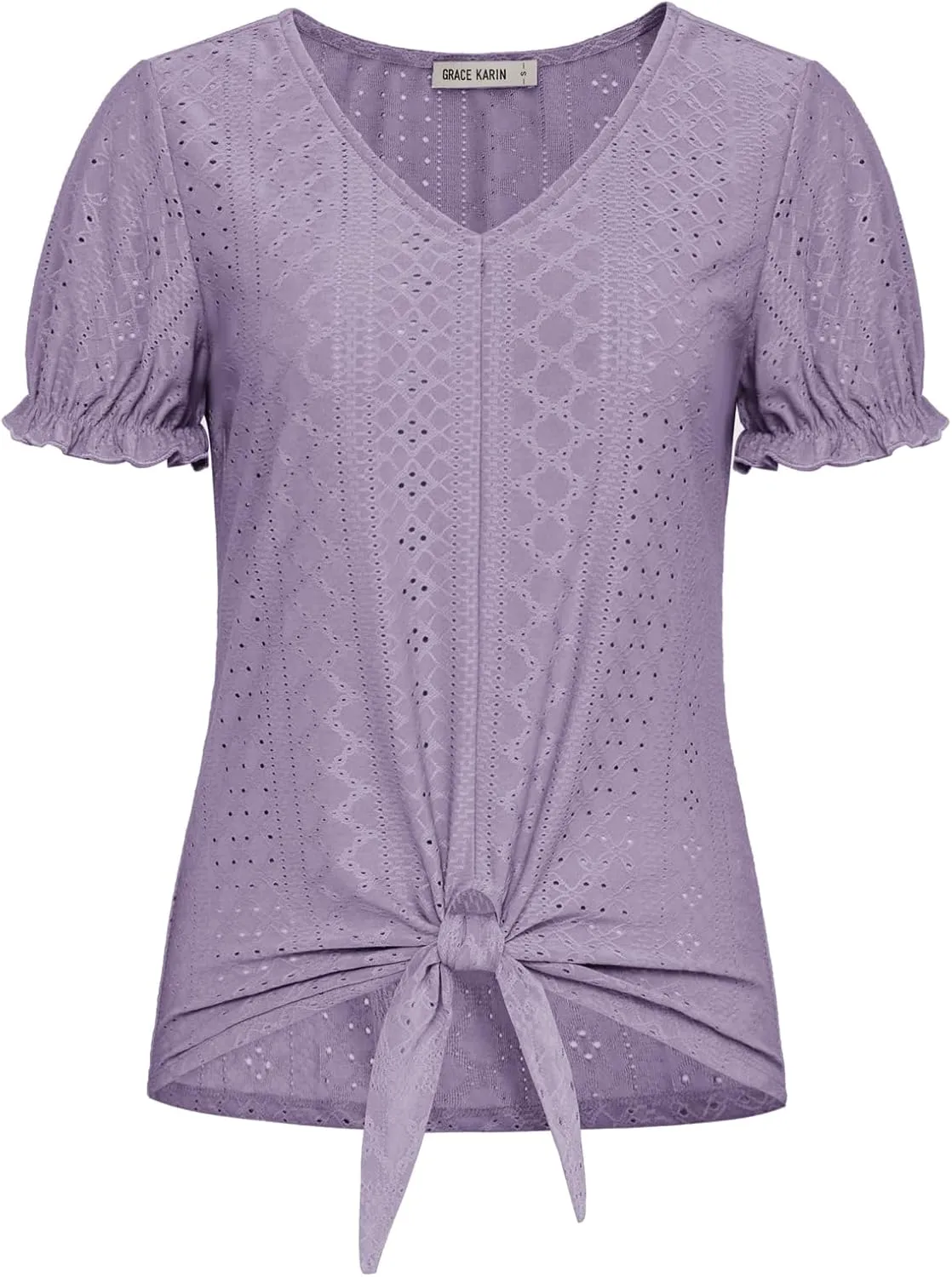 GRACE KARIN Women's 2025 Summer Tops Short Sleeve V Neck Basic T Shirts Dressy Casual Tie Front Tops Eyelet Blouses Tunic