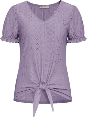 GRACE KARIN Women's 2025 Summer Tops Short Sleeve V Neck Basic T Shirts Dressy Casual Tie Front Tops Eyelet Blouses Tunic