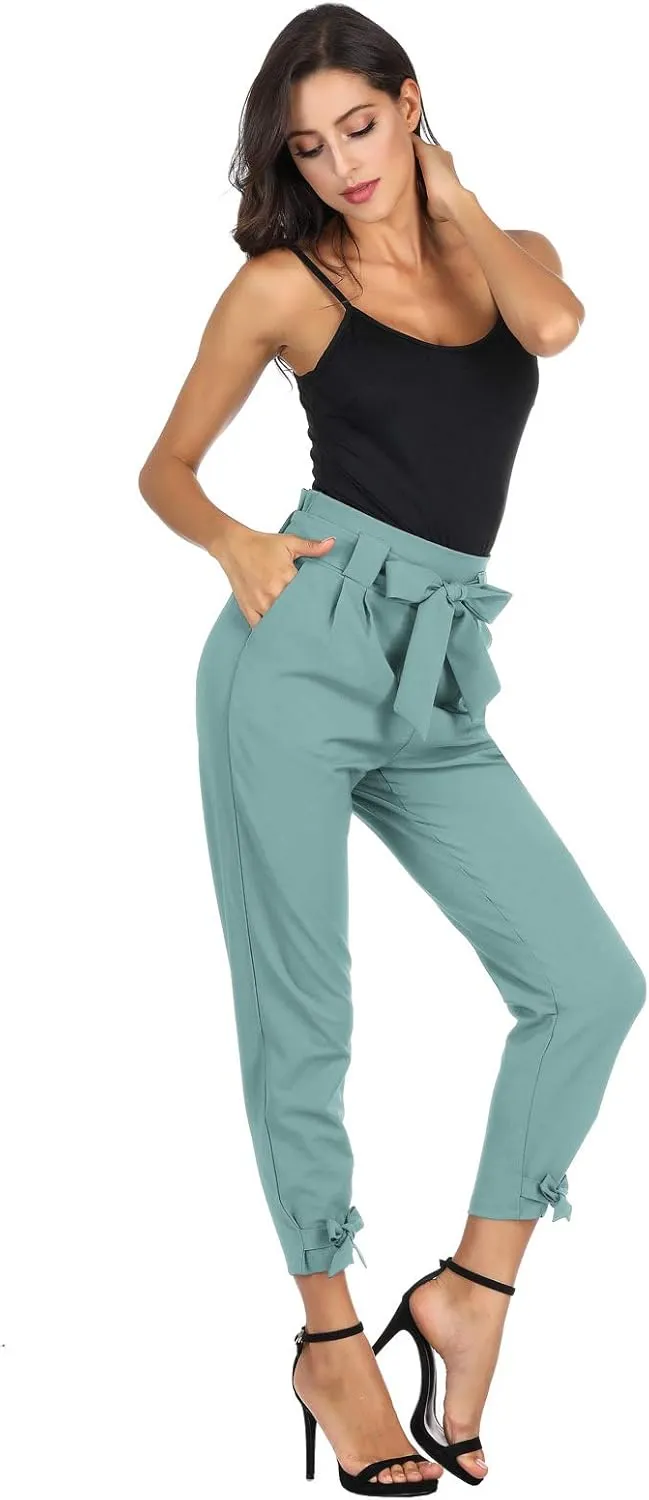 GRACE KARIN Womens Casual High Waist Pencil Pants with Pockets Bow-Knot Cropped Paper Bag Pants for Work