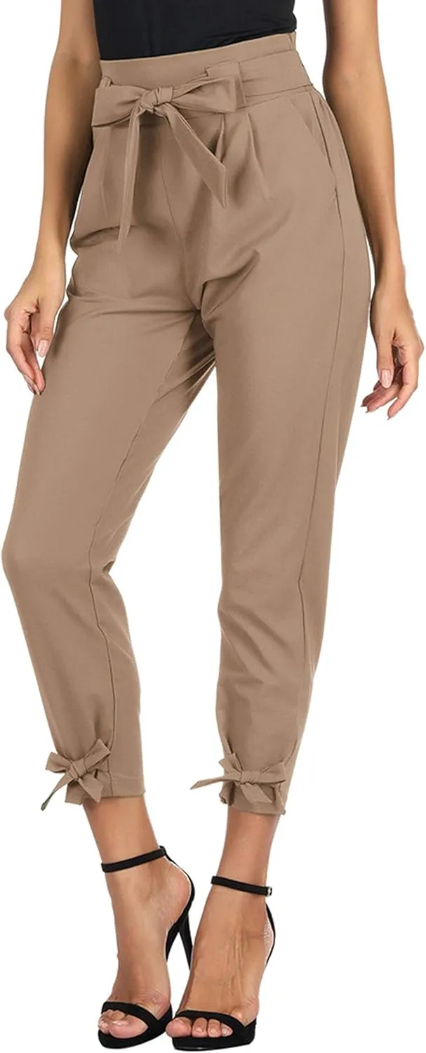 GRACE KARIN Womens Casual High Waist Pencil Pants with Pockets Bow-Knot Cropped Paper Bag Pants for Work
