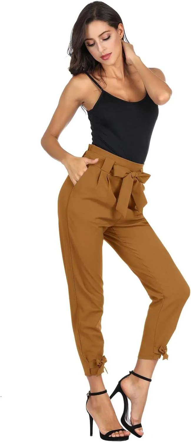 GRACE KARIN Womens Casual High Waist Pencil Pants with Pockets Bow-Knot Cropped Paper Bag Pants for Work