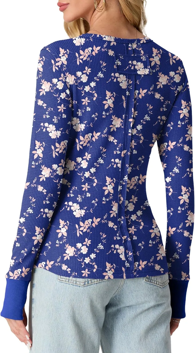GRECERELLE Waffle Knit Long Sleeve Shirts for Women Crew Neck Slim Fitted Going Out Tops Y2k Outfits