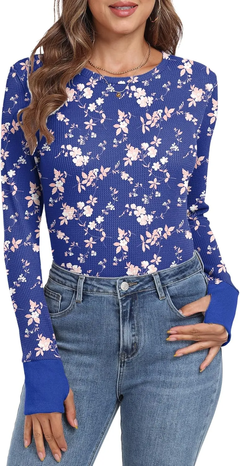 GRECERELLE Waffle Knit Long Sleeve Shirts for Women Crew Neck Slim Fitted Going Out Tops Y2k Outfits