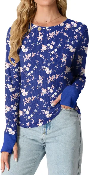 GRECERELLE Waffle Knit Long Sleeve Shirts for Women Crew Neck Slim Fitted Going Out Tops Y2k Outfits