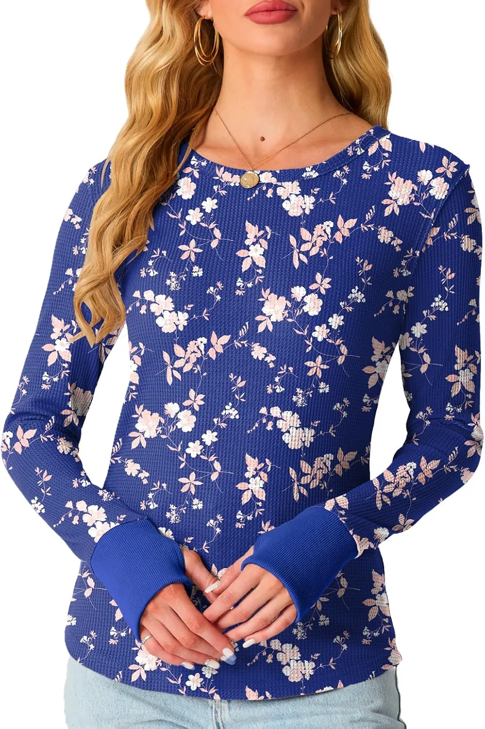 GRECERELLE Waffle Knit Long Sleeve Shirts for Women Crew Neck Slim Fitted Going Out Tops Y2k Outfits