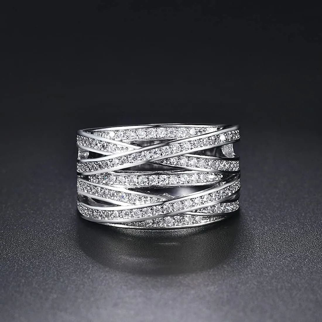 HAIXIAN Sterling Silver Cubic Zirconia Ring, Multi Cross Lines Design, Full Finger Band, Wedding Engagement Jewelry for Women