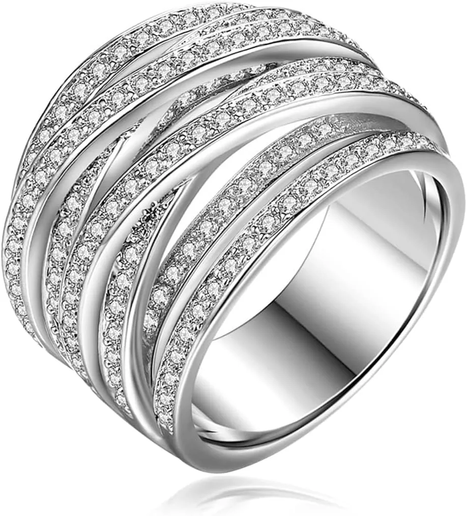 HAIXIAN Sterling Silver Cubic Zirconia Ring, Multi Cross Lines Design, Full Finger Band, Wedding Engagement Jewelry for Women