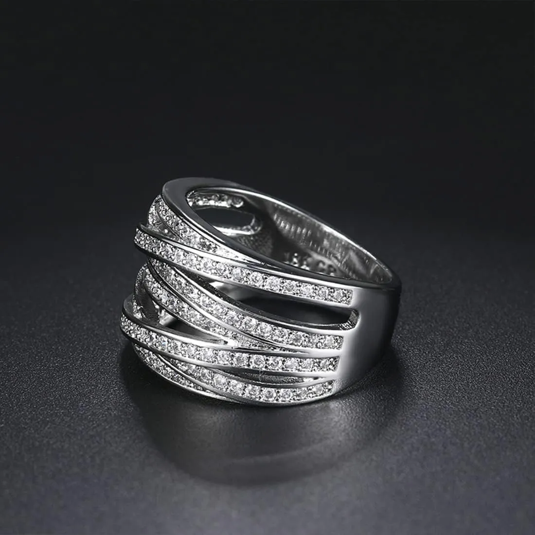 HAIXIAN Sterling Silver Cubic Zirconia Ring, Multi Cross Lines Design, Full Finger Band, Wedding Engagement Jewelry for Women