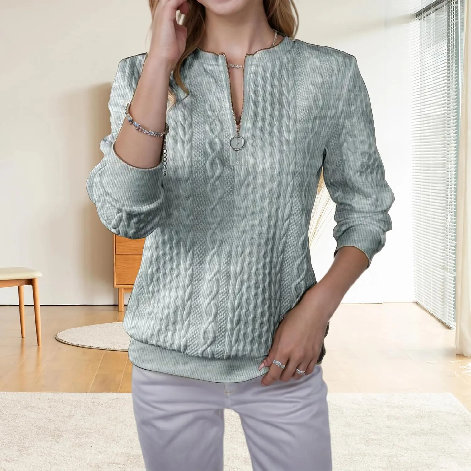 Half Zip Sweatshirt Women Fashion Textured Quarter Zip Pullover Lightweight Cable Knit Sweatshirt Long Sleeve Tops