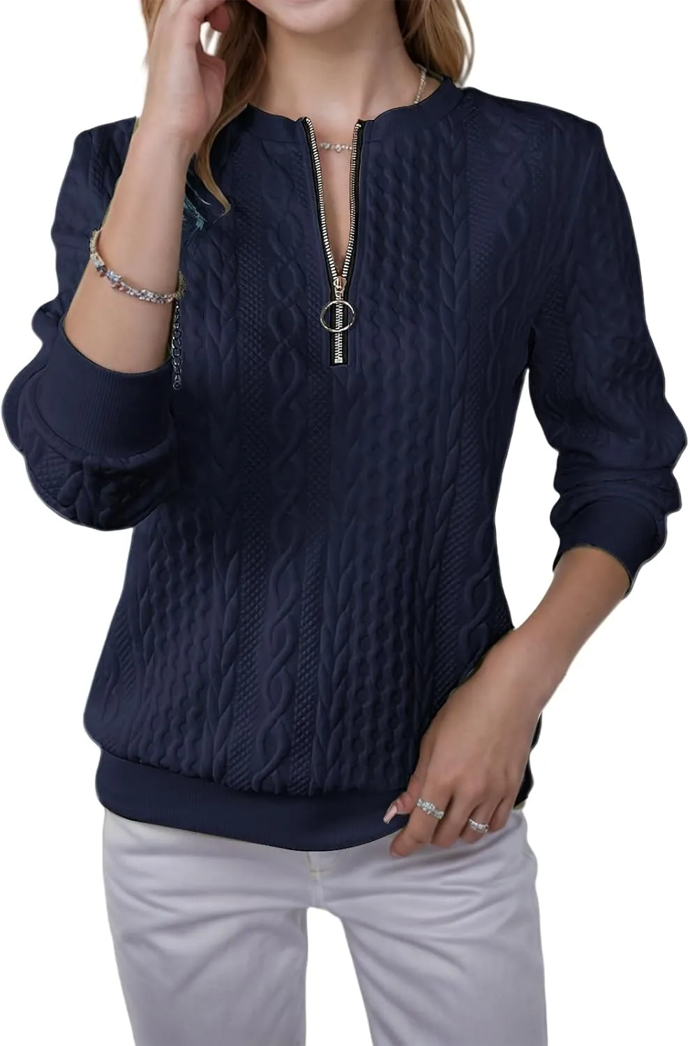 Half Zip Sweatshirt Women Fashion Textured Quarter Zip Pullover Lightweight Cable Knit Sweatshirt Long Sleeve Tops