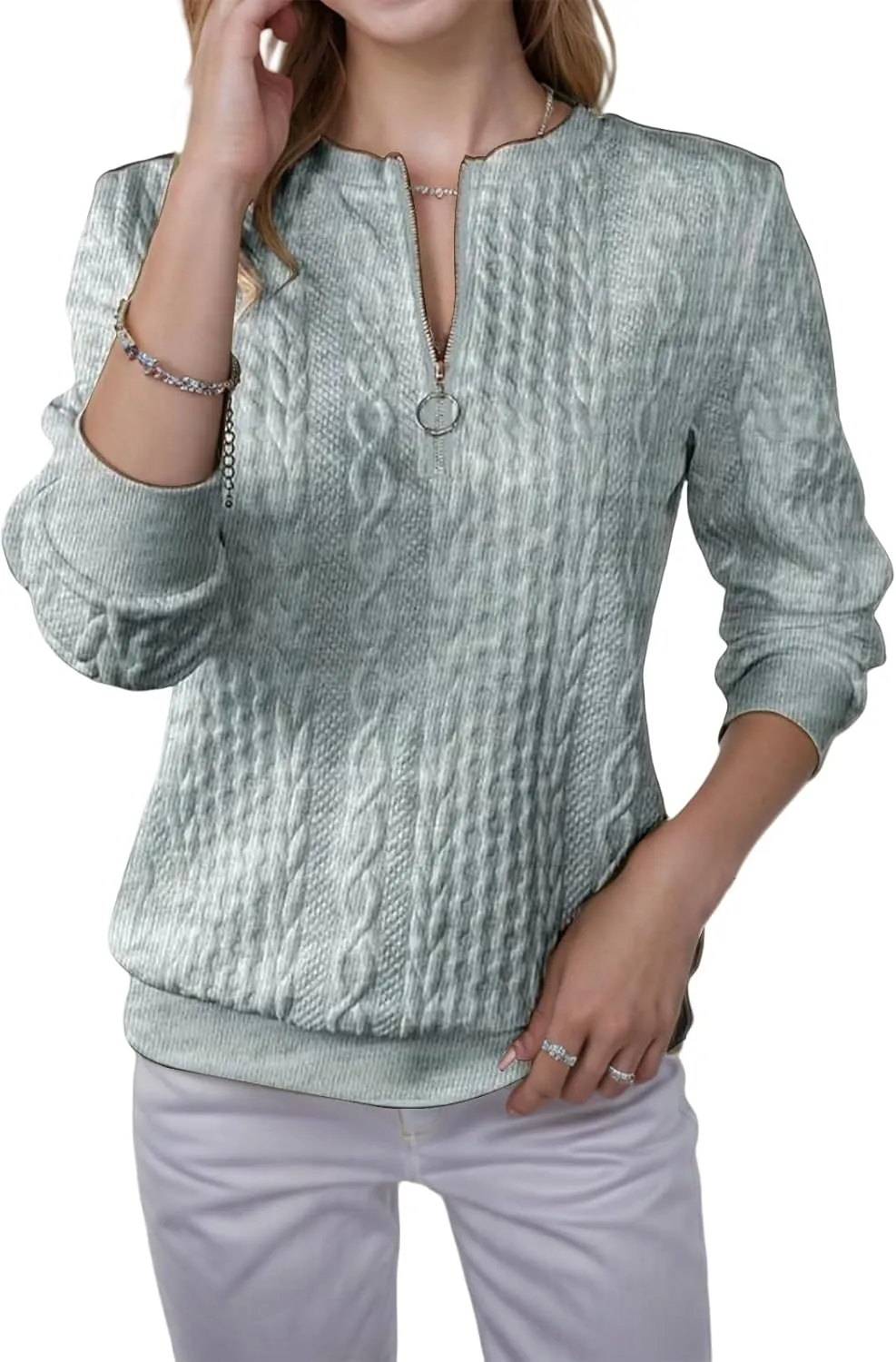 Half Zip Sweatshirt Women Fashion Textured Quarter Zip Pullover Lightweight Cable Knit Sweatshirt Long Sleeve Tops