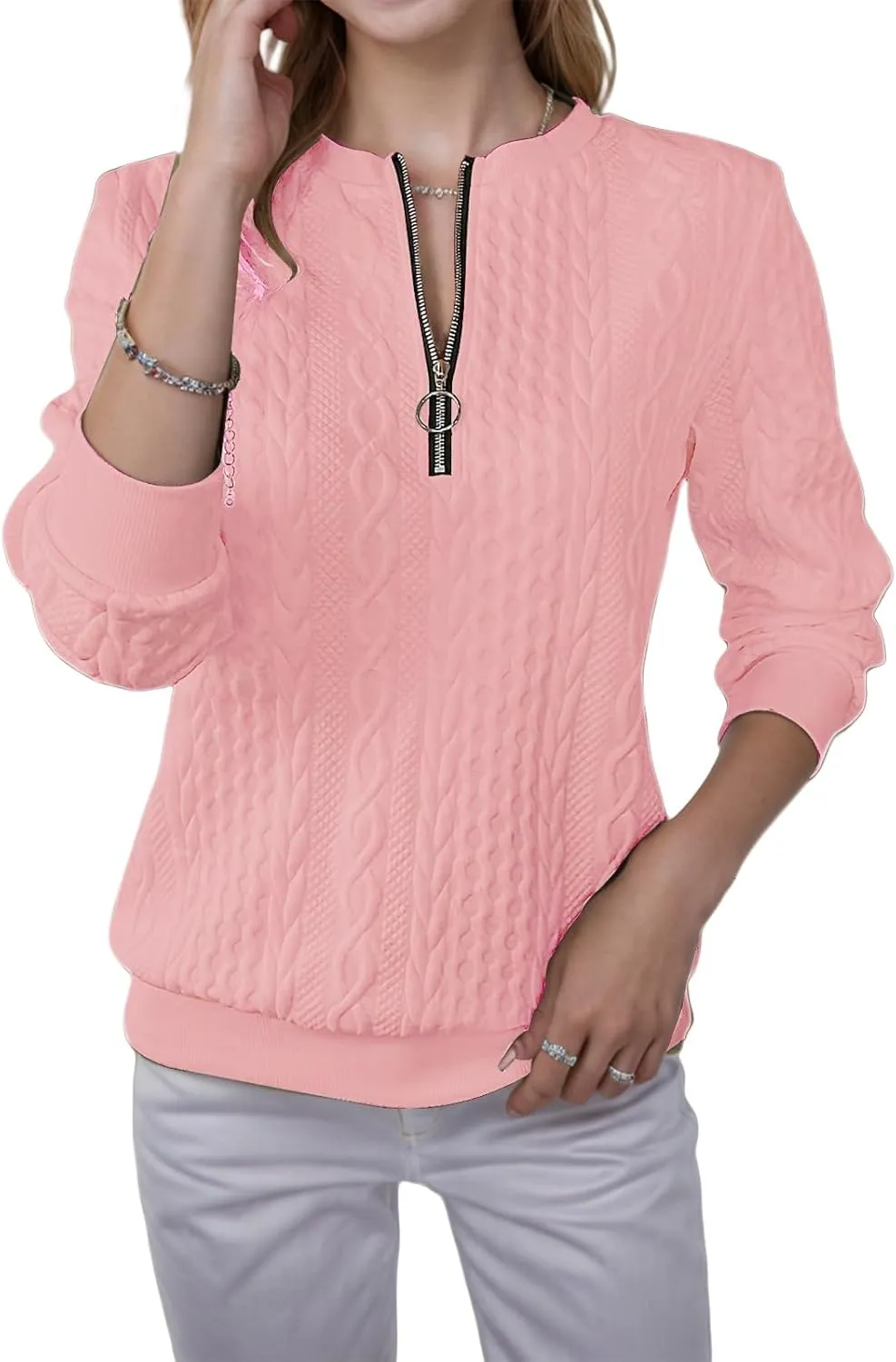 Half Zip Sweatshirt Women Fashion Textured Quarter Zip Pullover Lightweight Cable Knit Sweatshirt Long Sleeve Tops