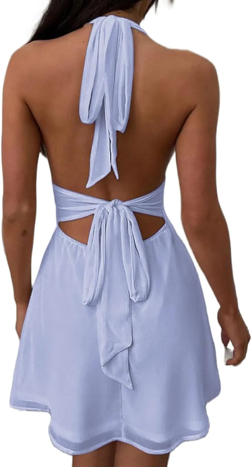 Halter Dress for Women Casual Summer Sexy Deep V Neck Dresses Flowy Chiffon Bow Tie Backless Mini Dress