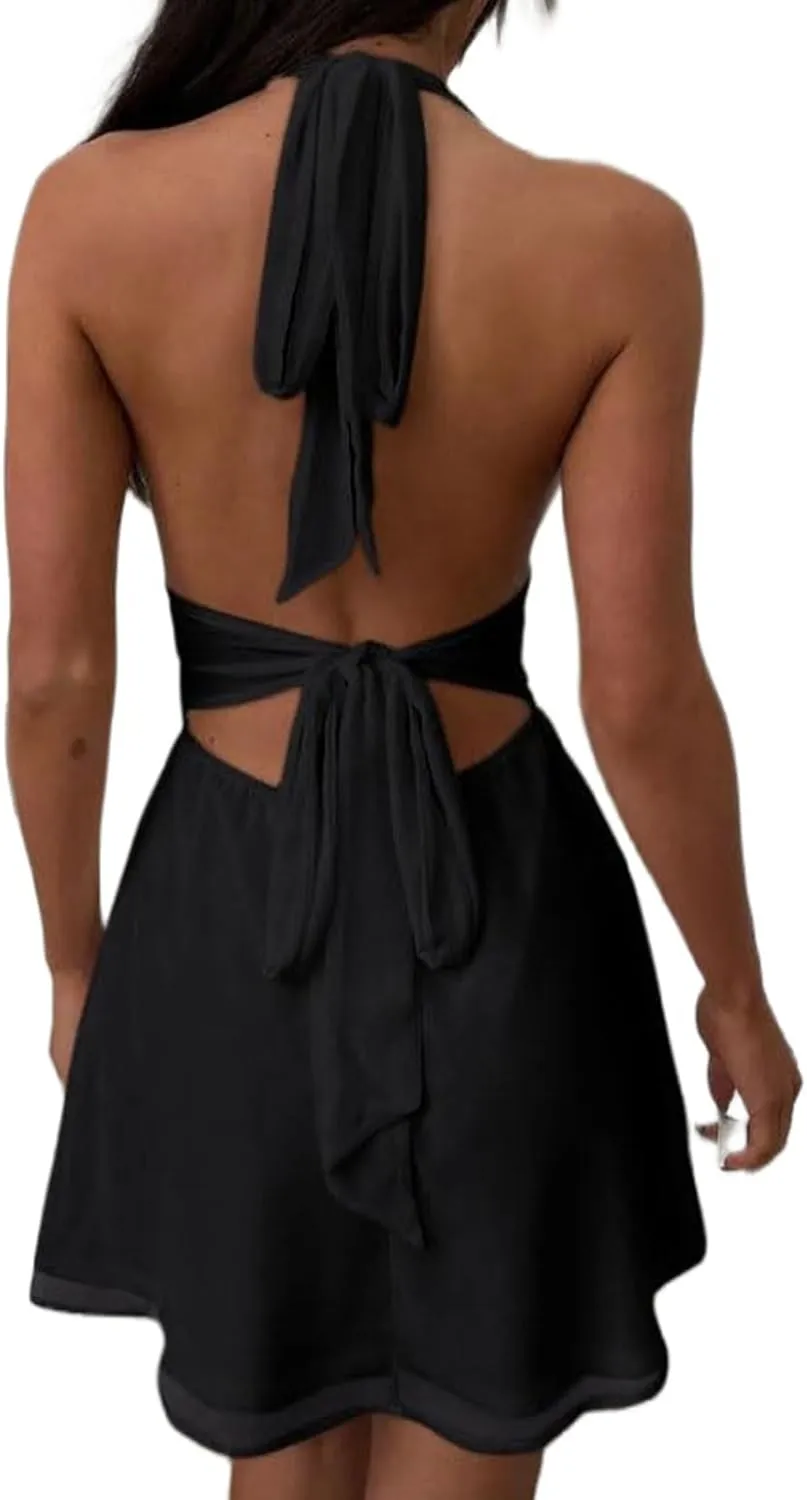 Halter Dress for Women Casual Summer Sexy Deep V Neck Dresses Flowy Chiffon Bow Tie Backless Mini Dress