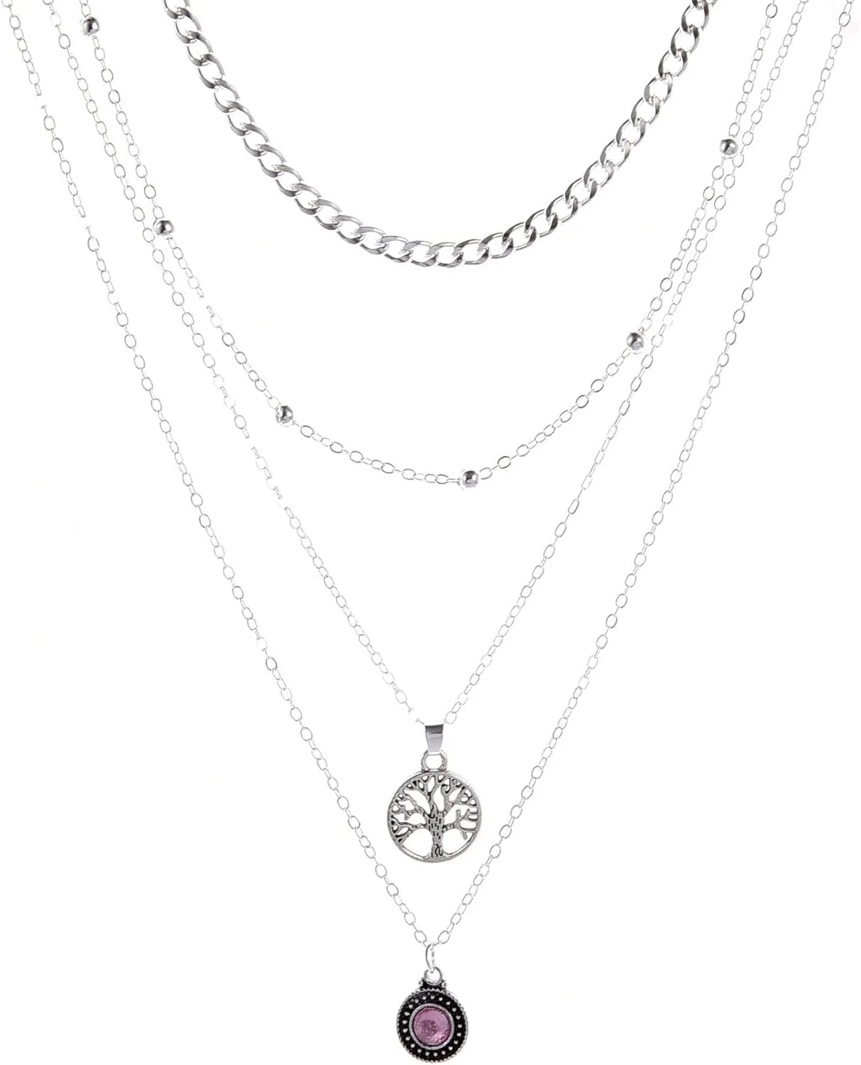 handmade necklace pendant suitable for men and women, retro life tree natural stone powder diamond pendant four layer necklace (silver)