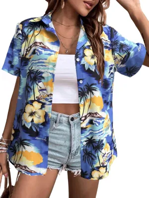 Hawaiian Shirts Women Hawaii Tshirt Cool Floral Tropic Print Graphic Tees Tops Button Up Summer Vacation Shirt
