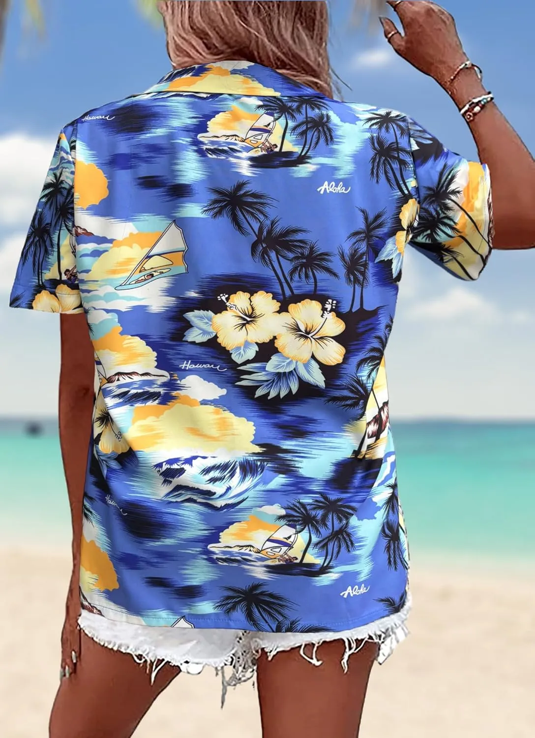 Hawaiian Shirts Women Hawaii Tshirt Cool Floral Tropic Print Graphic Tees Tops Button Up Summer Vacation Shirt