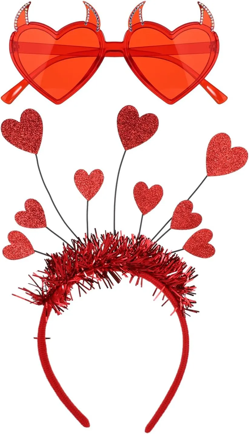 Heart Headband with Heart Sunglasses, Valentines Day Sequin Headband Decorative Heart Bopper Hairband for Valentine's Day Props Party Clothing Accessories (Red)