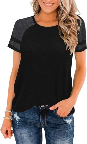 Heymiss Womens Shirts Casual Tunic Tops Color Block Crewneck Summer Loose Fitting Workout Tee Shirts