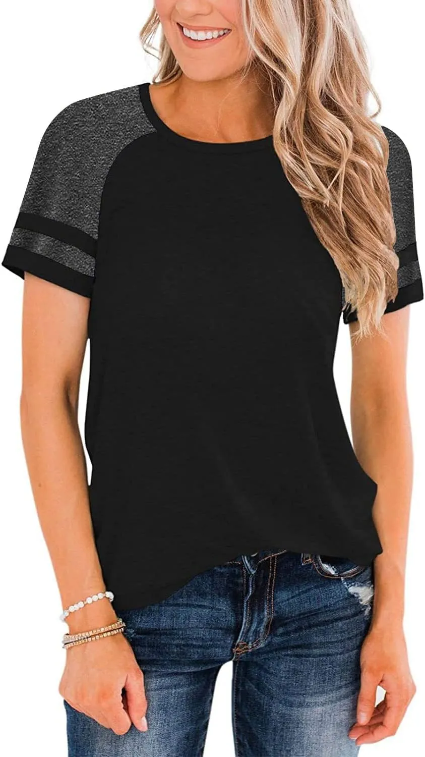 Heymiss Womens Shirts Casual Tunic Tops Color Block Crewneck Summer Loose Fitting Workout Tee Shirts