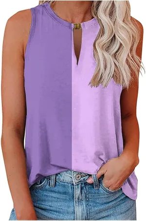 HGps8w Womens Colorblock Tank Tops Dressy Casual V Neck Keyhole Blouse Sleeveless Loose Fit Business Cute Shirts