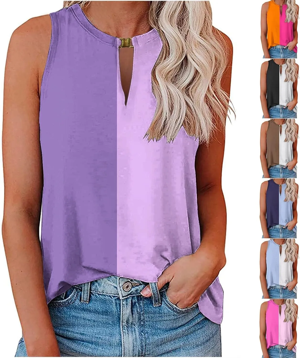 HGps8w Womens Colorblock Tank Tops Dressy Casual V Neck Keyhole Blouse Sleeveless Loose Fit Business Cute Shirts