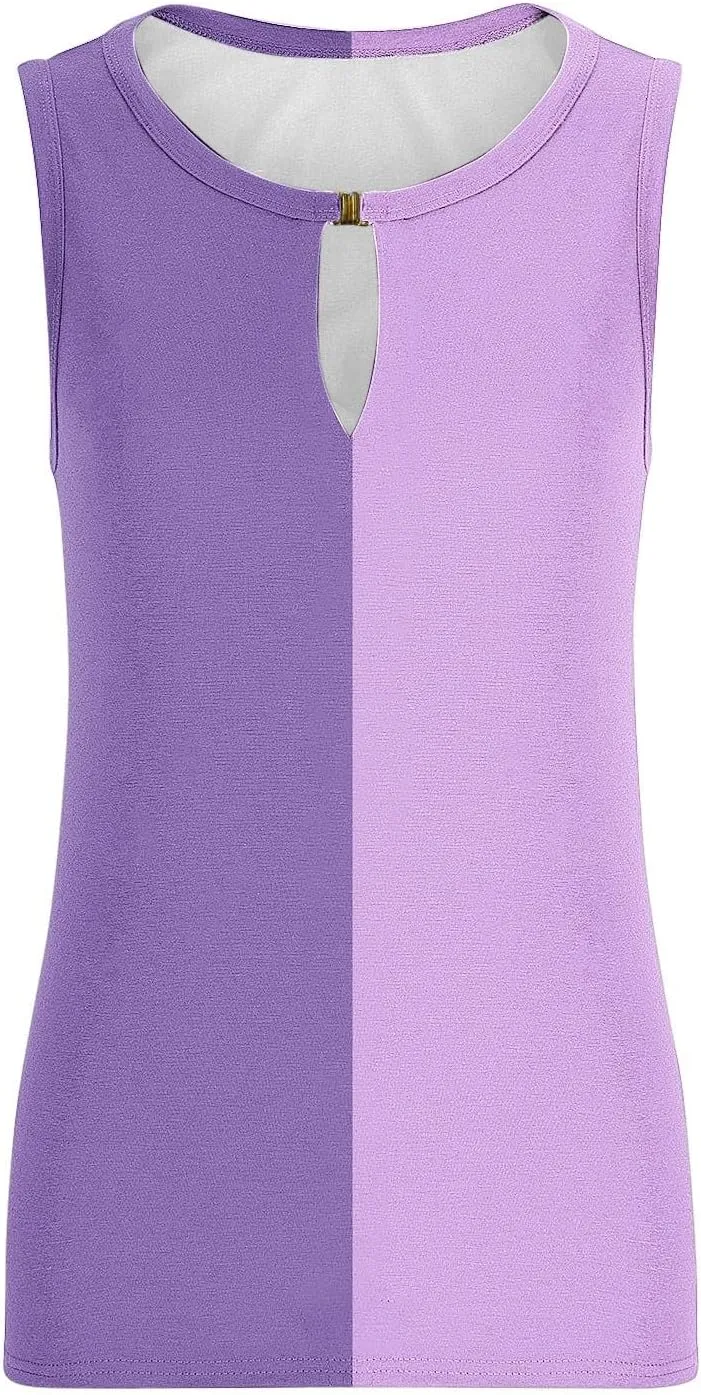 HGps8w Womens Colorblock Tank Tops Dressy Casual V Neck Keyhole Blouse Sleeveless Loose Fit Business Cute Shirts