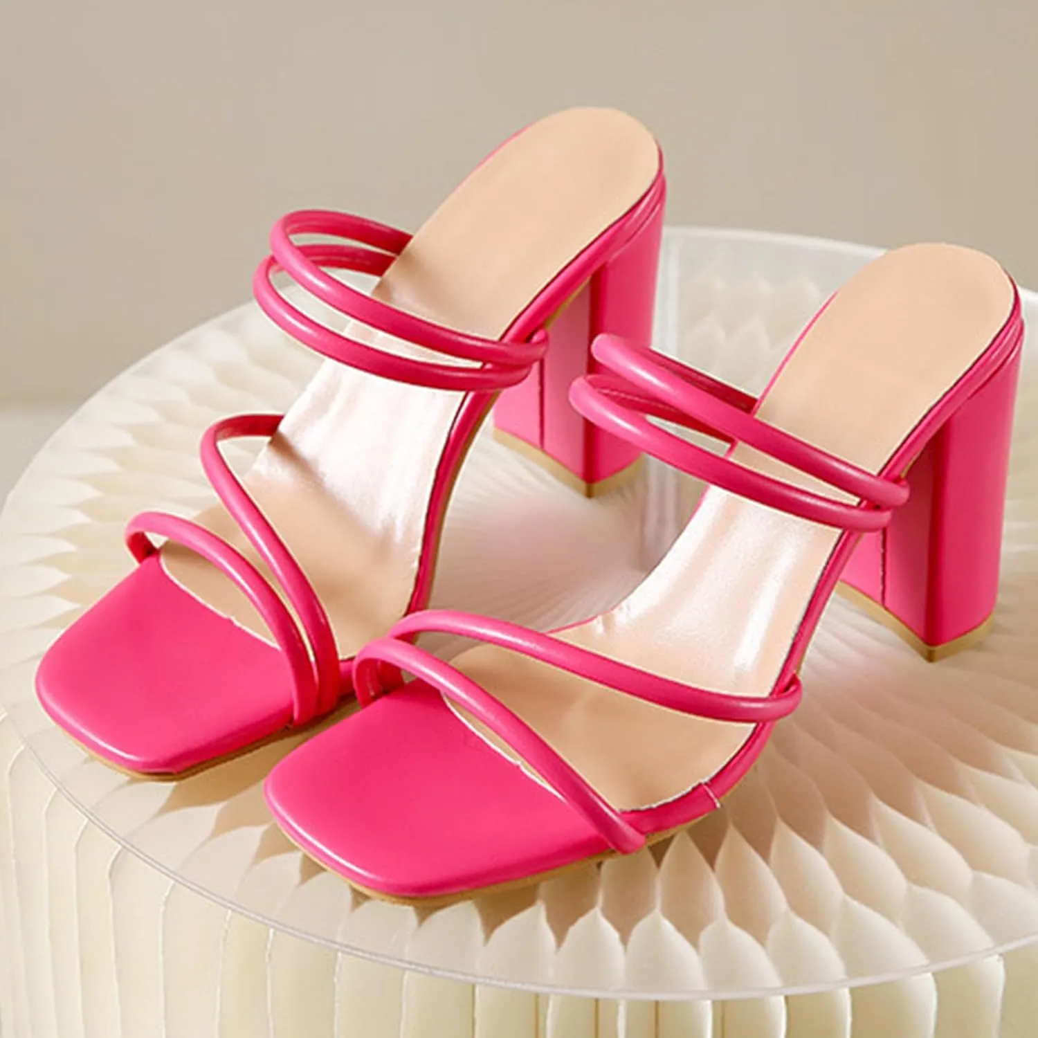 High Heel Slide Sandals for Women Strappy Slip On Mules Chunky Heeled Sandal Sexy Dress Shoes For Prom Wedding Party