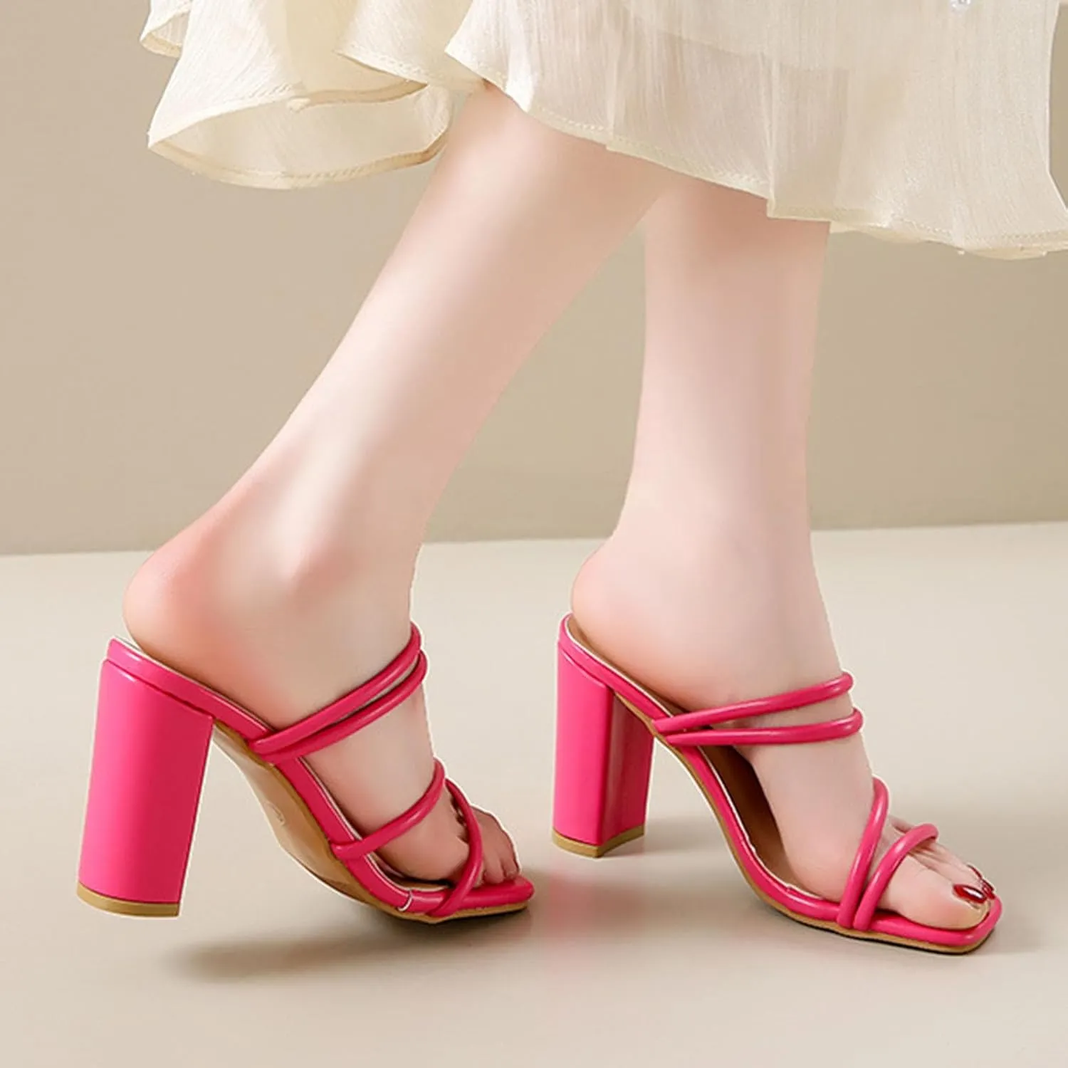 High Heel Slide Sandals for Women Strappy Slip On Mules Chunky Heeled Sandal Sexy Dress Shoes For Prom Wedding Party