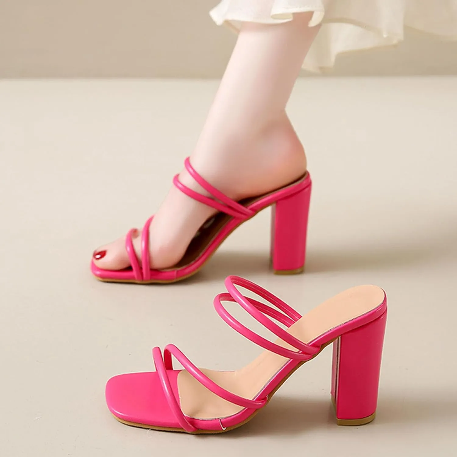 High Heel Slide Sandals for Women Strappy Slip On Mules Chunky Heeled Sandal Sexy Dress Shoes For Prom Wedding Party