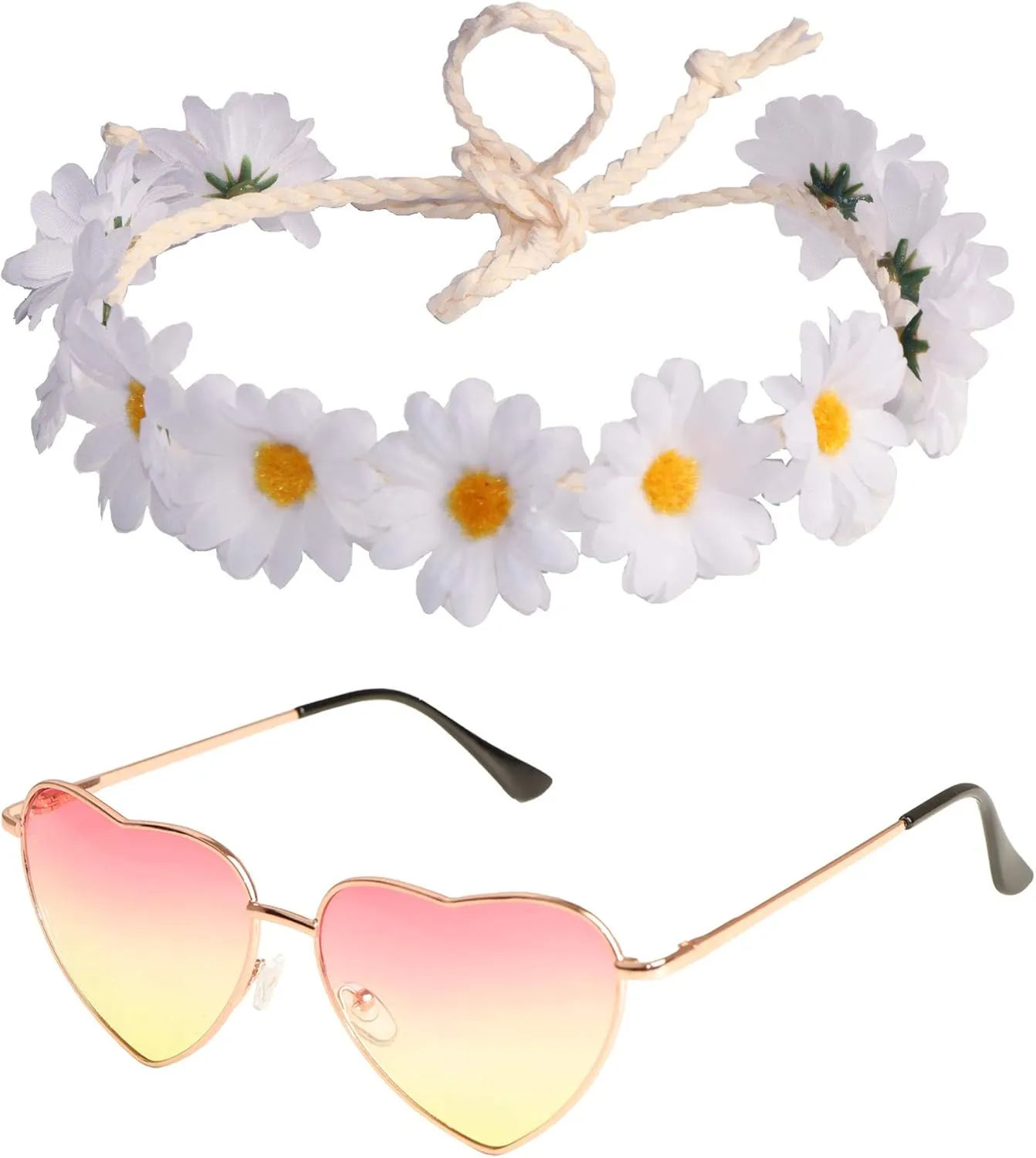 Hippie Costume Set- Flower Crown Headband Heart Sunglasses Adjustable Peace Sign Pendant Necklace 1960s Outfit Accessories