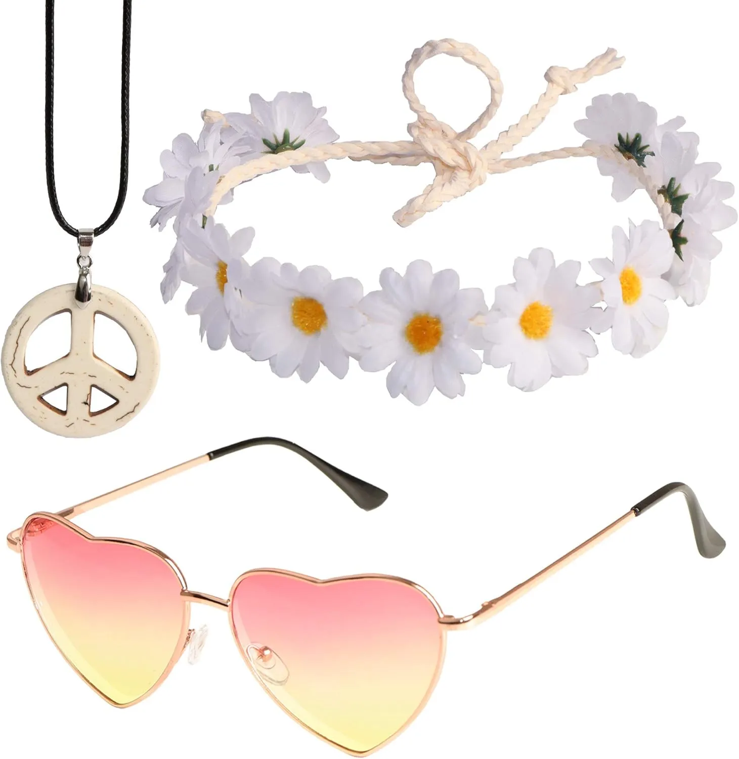 Hippie Costume Set- Flower Crown Headband Heart Sunglasses Adjustable Peace Sign Pendant Necklace 1960s Outfit Accessories