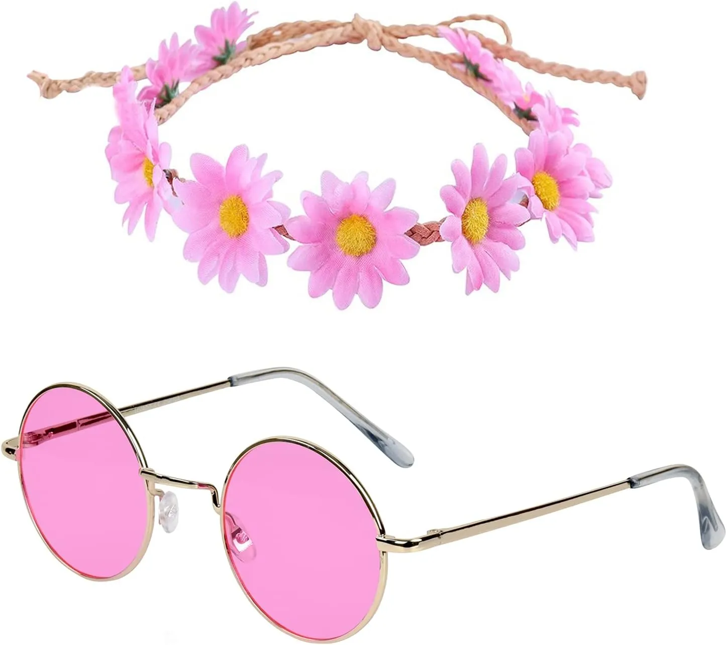 Hippie Set - Round Sunglasses - Floral Boho Sunflower Crown Daisy Hair Wreath Pink