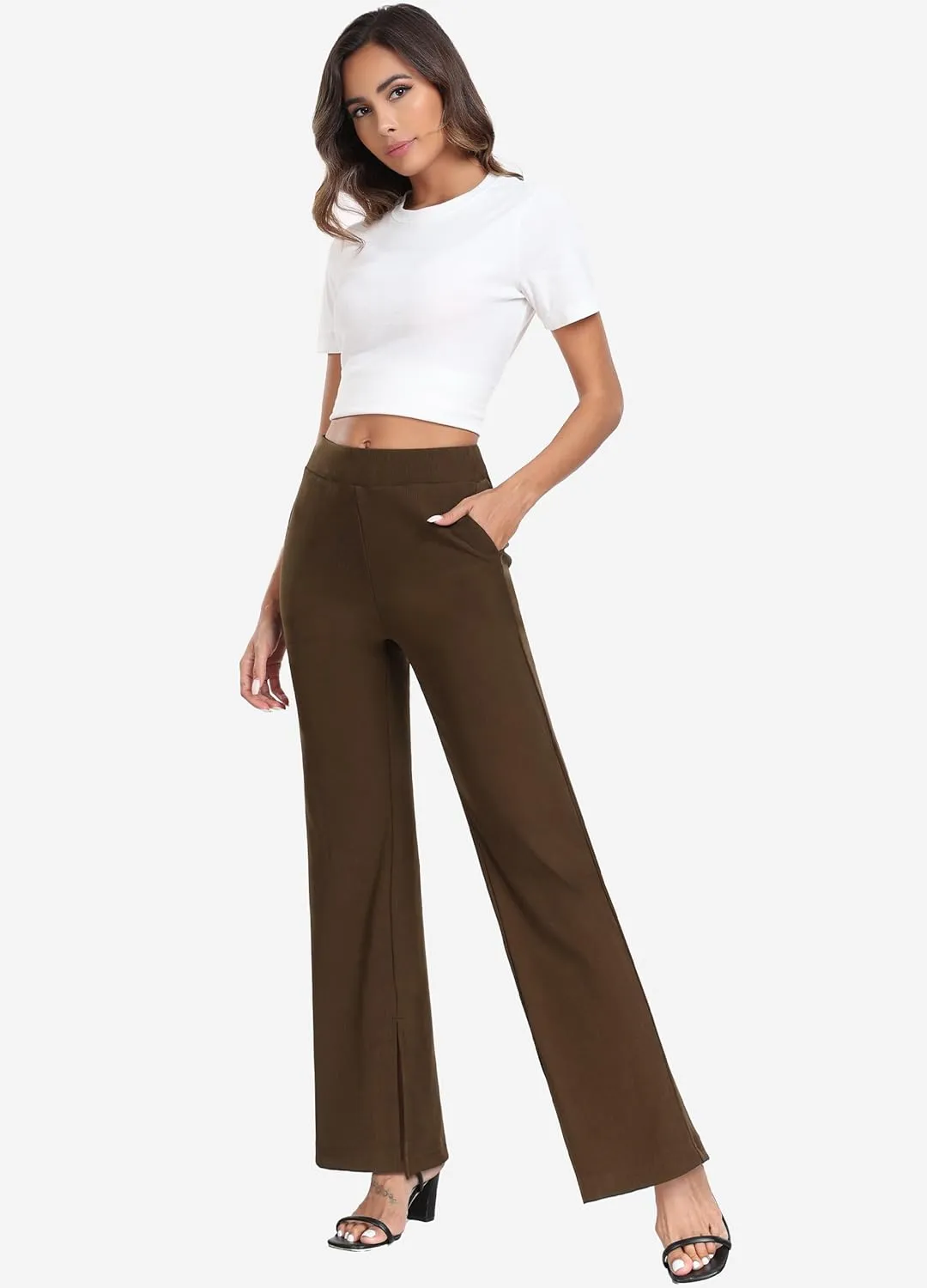 Hiverlay Women's Wide Leg Pants Elastic Waist Casual Trousers with Pockets High Rise Palazzo for Busines Work