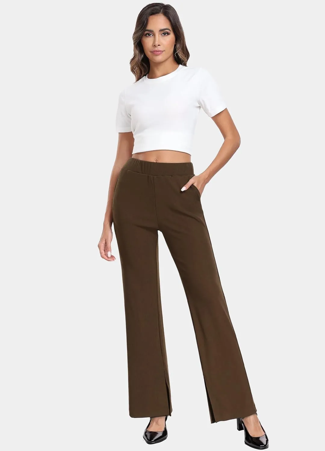 Hiverlay Women's Wide Leg Pants Elastic Waist Casual Trousers with Pockets High Rise Palazzo for Busines Work