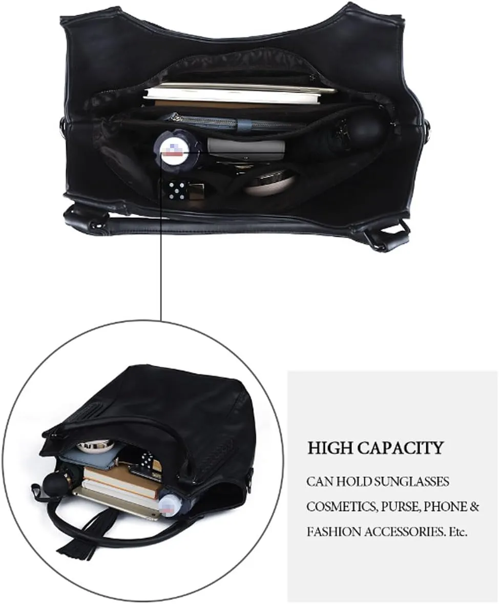 Hobo Bags for Women PU Leather Tassels Shoulder Bag Vintage Purse Slouchy Handbag with Zipper Tote Top-Handle Satchel