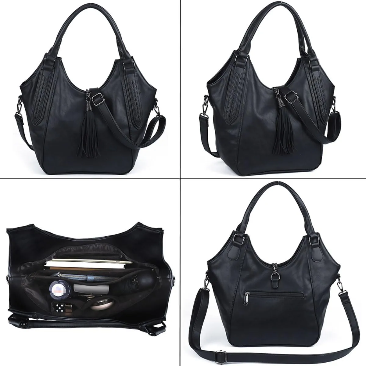 Hobo Bags for Women PU Leather Tassels Shoulder Bag Vintage Purse Slouchy Handbag with Zipper Tote Top-Handle Satchel