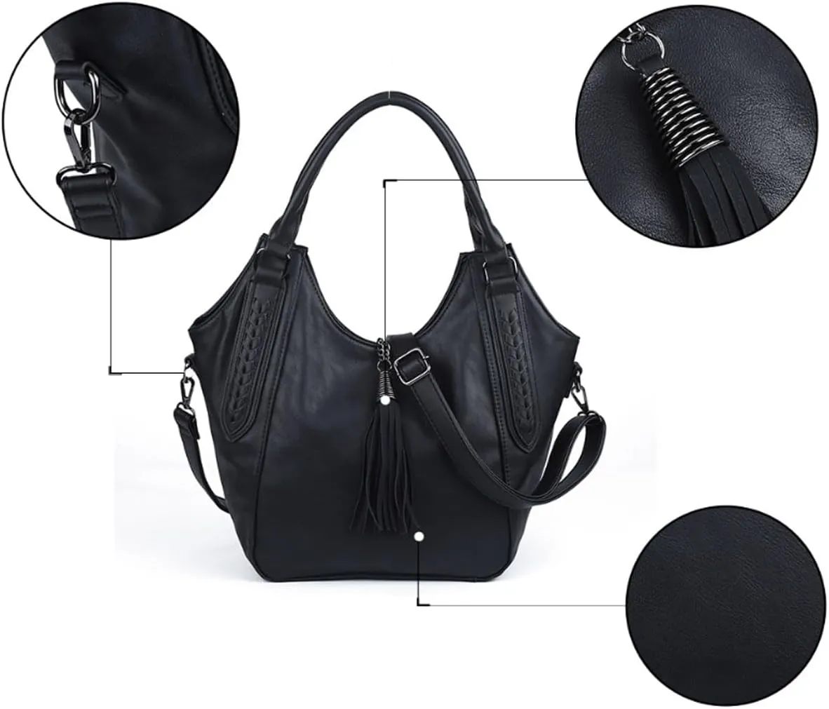 Hobo Bags for Women PU Leather Tassels Shoulder Bag Vintage Purse Slouchy Handbag with Zipper Tote Top-Handle Satchel