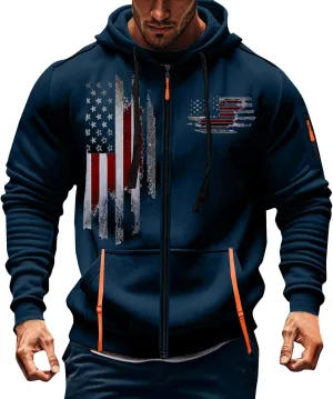Hoodies for Men Zip up Pullover Vintage American Flag Print Workout Hoodies with Pockets Military Tactical Sweatshirt