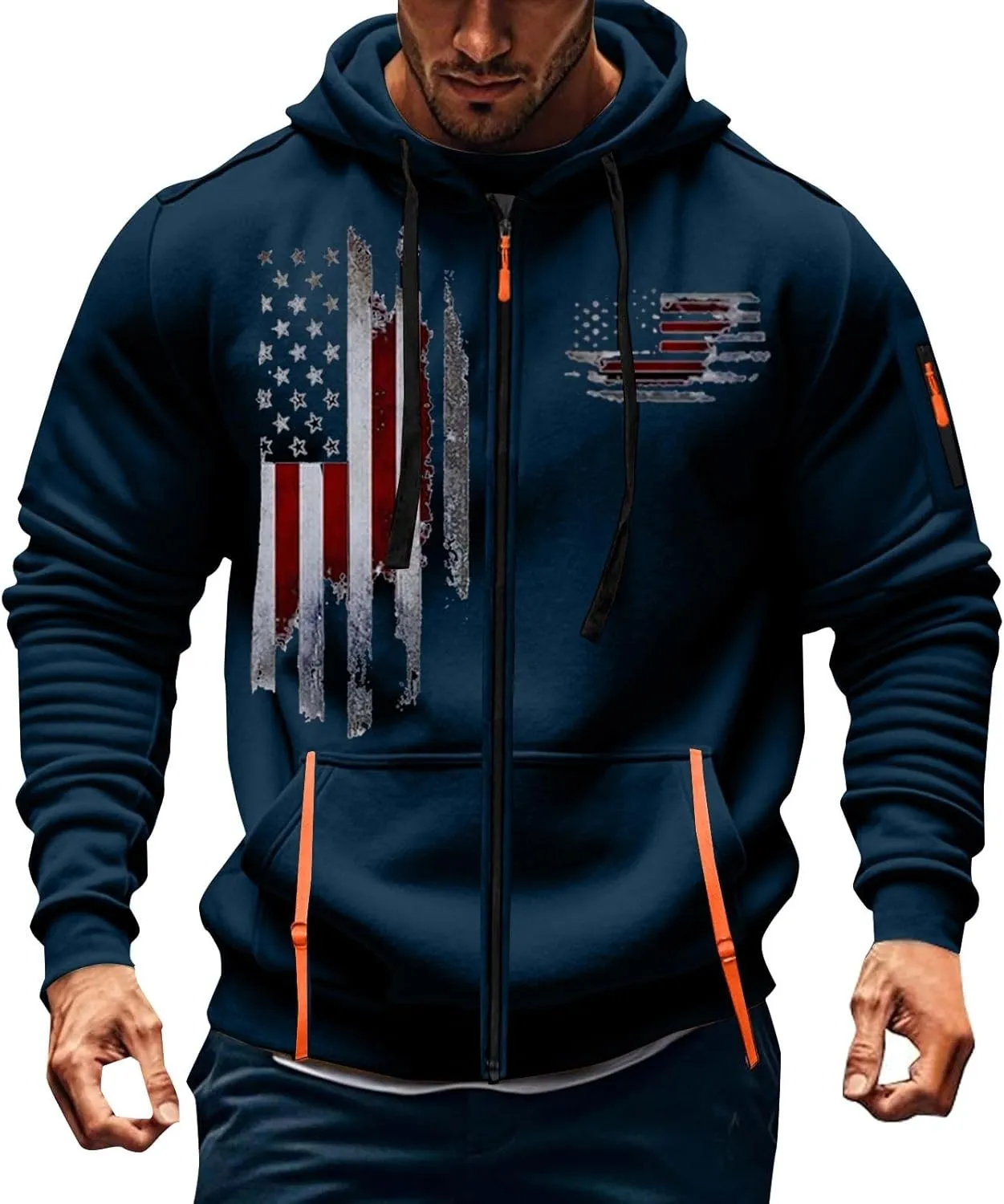Hoodies for Men Zip up Pullover Vintage American Flag Print Workout Hoodies with Pockets Military Tactical Sweatshirt