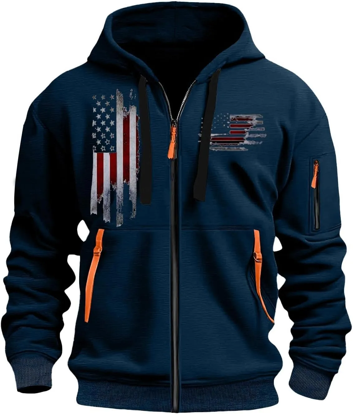 Hoodies for Men Zip up Pullover Vintage American Flag Print Workout Hoodies with Pockets Military Tactical Sweatshirt