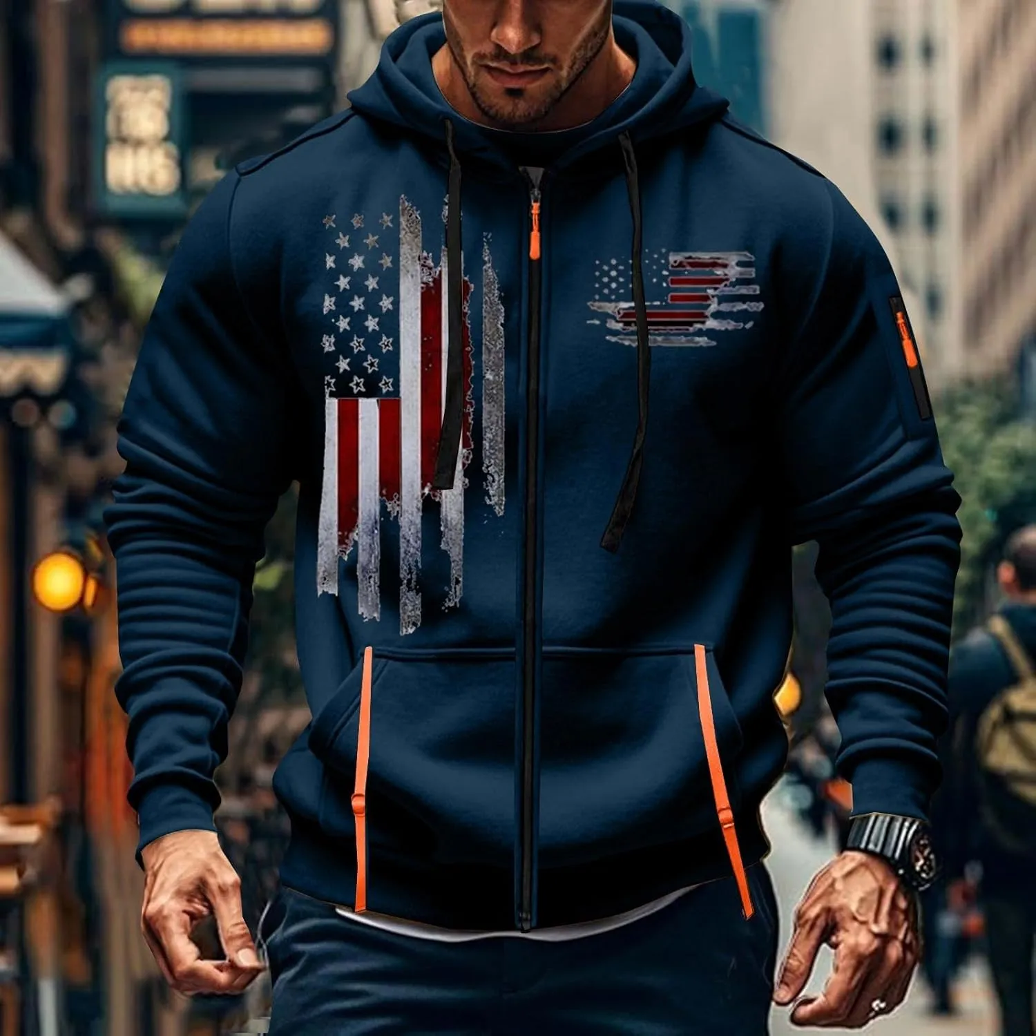 Hoodies for Men Zip up Pullover Vintage American Flag Print Workout Hoodies with Pockets Military Tactical Sweatshirt
