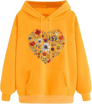Hoodies for Women Long Sleeve Heart Print Graphic Tee Shirts Causal Fashion Drawstring Hooded Sweatshirts Gift Shirts
