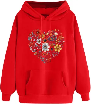 Hoodies for Women Long Sleeve Heart Print Graphic Tee Shirts Causal Fashion Drawstring Hooded Sweatshirts Gift Shirts