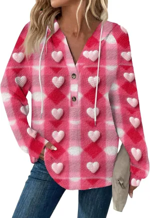 Hoodies For Women Trendy Long Sleeve V Neck Buttons Shirts Fashion Pullover Waffle Kint Tops Oversized Sweatshirts